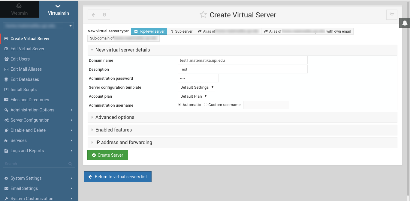 Virtualmin virtual server